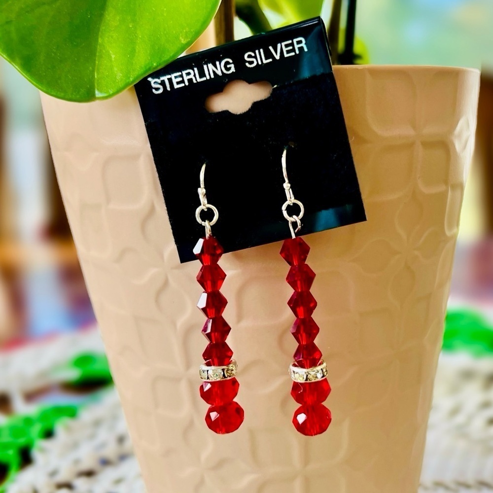 Handcrafted S925 Sterling Silver Stamped Red Glass Bead Dangle Earrings